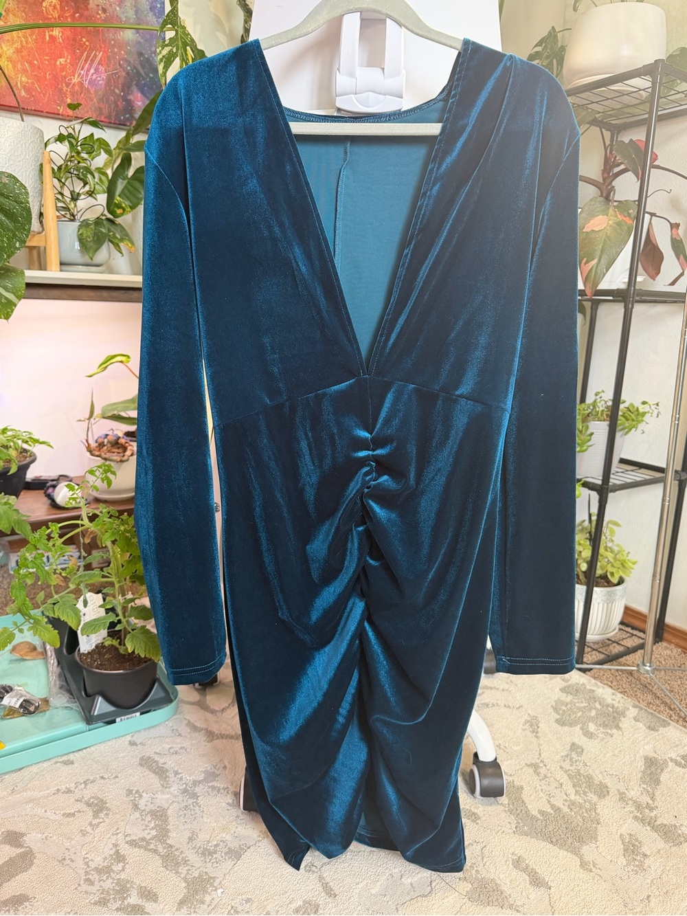 Deep Teal Velvet V-Neck Ruched Dress